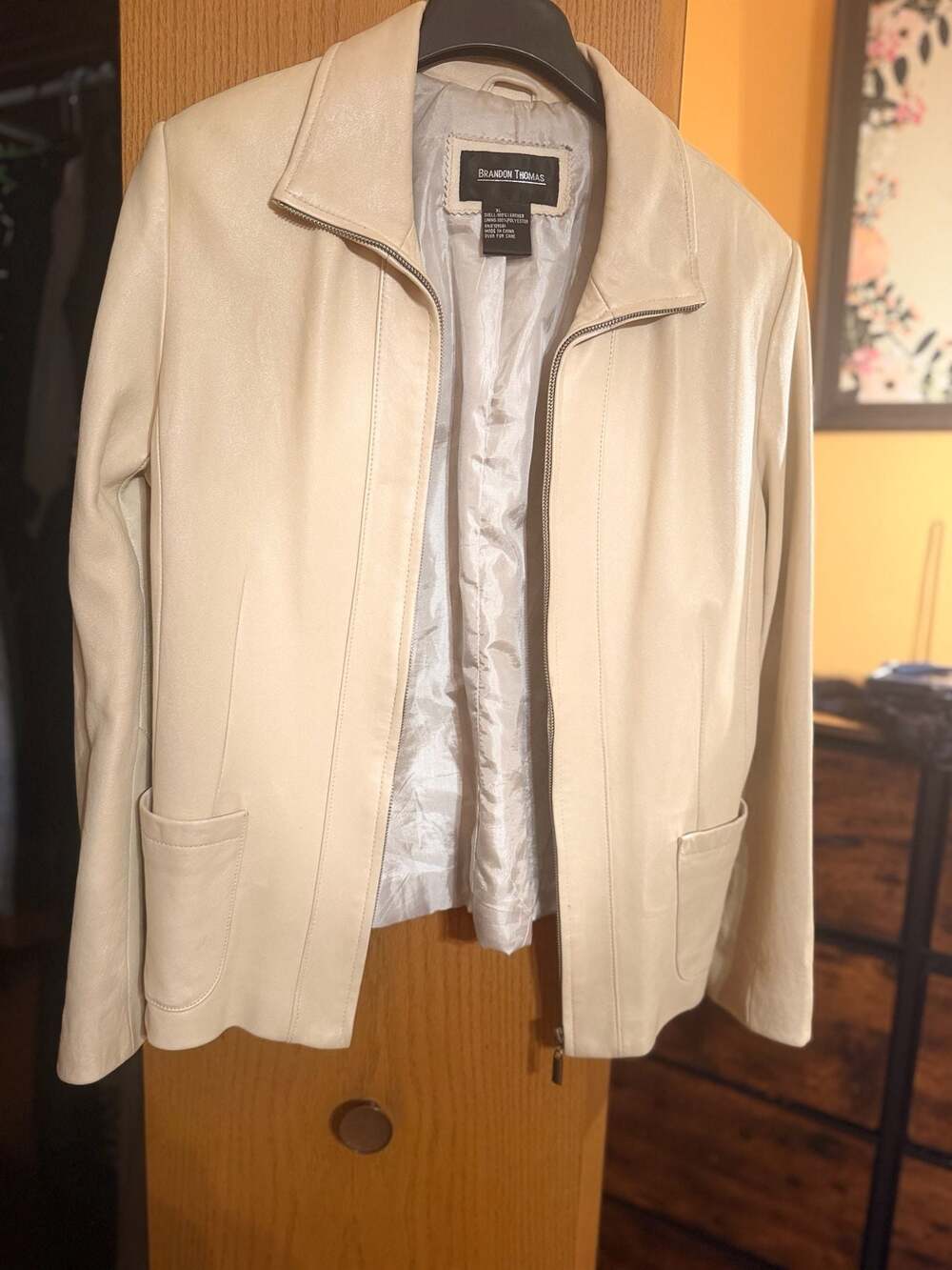 Brandon Thomas Womens Beige Full Zip Up Leather Jacket Coat Size XL